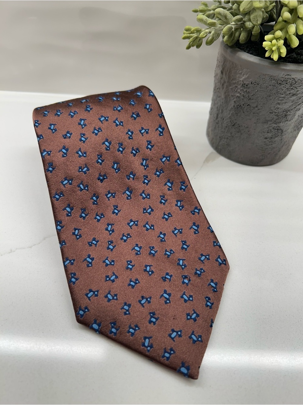 Charvet Place Vendôme Paris Silk Tie Brown Blue Geometric Made in France #453